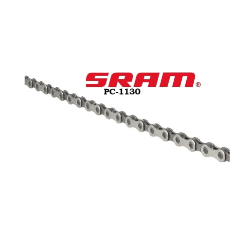 Cykelskedja SRAM PC-1130, 11-delad, avbildad i vinkel mot en vit bakgrund. Kedjan reflekterar ljuset, vilket framhäver dess detaljer och konstruktion. SRAM logotypen syns tydligt.