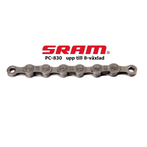 En detaljerad bild av en SRAM PC-830 kedja, avsedd för 8-växlade cyklar. Kedjan ligger centrerad mot en ren, vit bakgrund, vilket framhäver dess silverfärgade metall och noggranna konstruktion.