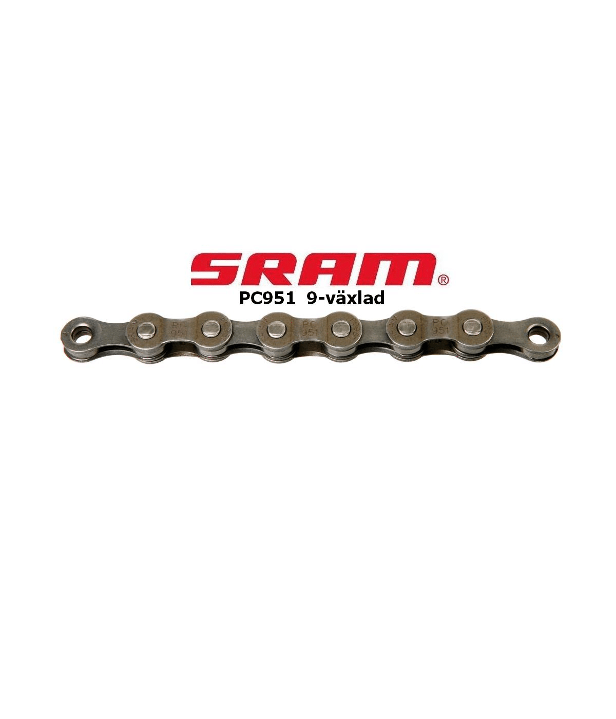 kedja-sram-pc-951-9vxl.png Detaljerad bild av en cykelkedja Sram PC951 9-delad. Kedjan ligger horisontellt mot en vit bakgrund. Bra ljus framhäver de metalliska detaljerna och texten på länkarna. Ren och professionell produktbild.