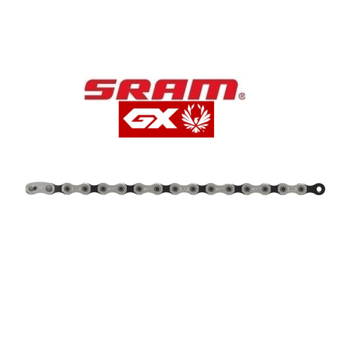 Sram PC-GX Eagle 12-växlad kedja visas i en produktbild med SRAM GX-logotypen ovanför. Atmosfären är ren och ljusstark