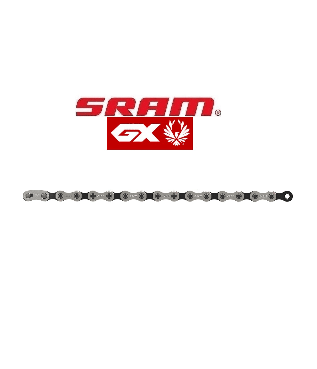 kedja-sram-pc-gx-eagle.png Sram PC-GX Eagle 12-växlad kedja visas i en produktbild med SRAM GX-logotypen ovanför. Atmosfären är ren och ljusstark, vilket framhäver detaljerna i kedjans konstruktion och finish.