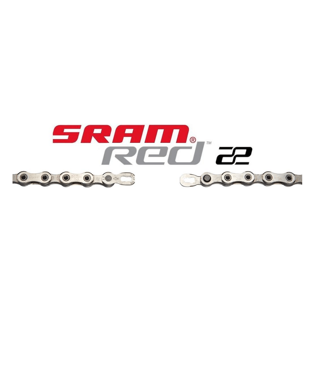 kedja-sram-pc-red-22.png Kedjan Sram PC-Red 22 11-vxl visas i närbild mot en vit bakgrund. Kedjan är ljusgrå och uppdelad i två sektioner med texten 'SRAM RED 22' ovanför.