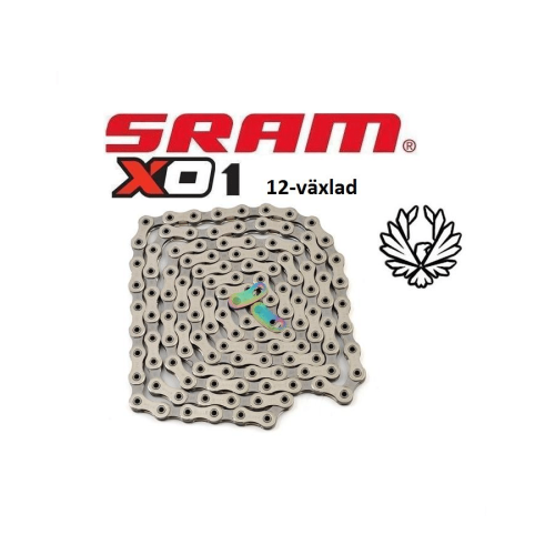 Cykelkedja SRAM PC-X01 Eagle, 12-växlad, i en cirkel med en speciell länk i mitten. SRAM-logotypen är framträdande ovanför och en örn-symbol visas också.