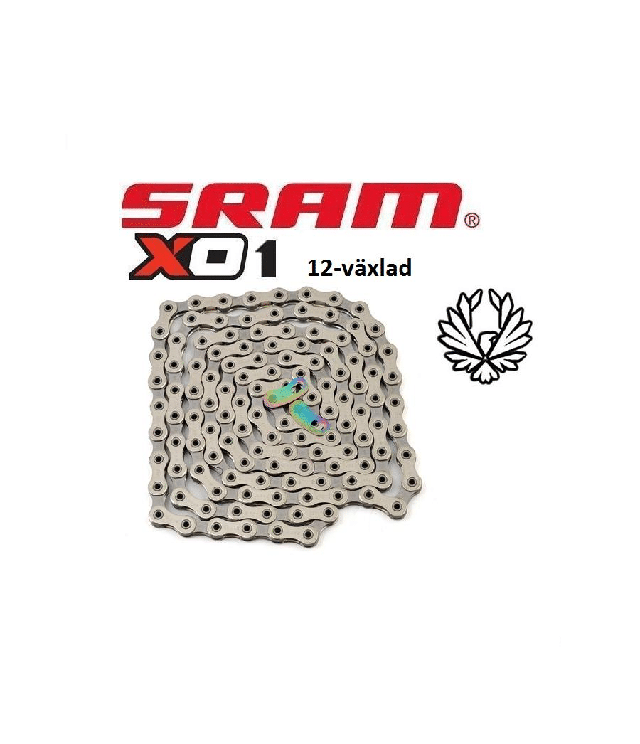 kedja-sram-pc-x01-eagle.png Cykelkedja SRAM PC-X01 Eagle, 12-växlad, i en cirkel med en speciell länk i mitten. SRAM-logotypen är framträdande ovanför och en örn-symbol visas också.