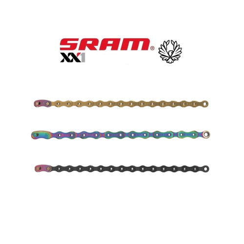 Cykelkedjor från SRAM XX1 Eagle, 12-delade, i tre utföranden: guld, regnbågsfärgad och svart. Kedjorna ligger horisontellt mot en vit bakgrund, med SRAM logotypen ovan.