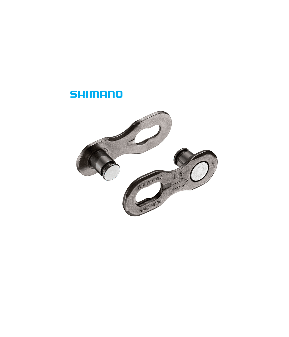 kedjelas-shimano-sm-cn900.png Detaljrik närbild av två Shimano SM-CN900 11-växlars kedjelås. Ljuset framhäver de små detaljerna och texten, med Shimano-logotypen synlig i bakgrunden.