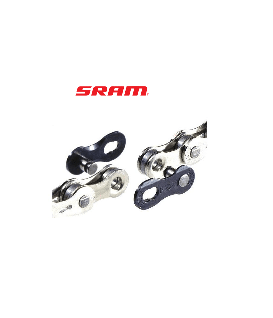 kedjelas-sram-powerlock-10-vxl.png Detaljrik närbild av SRAM PowerLock kedjelås för 10-växlade cyklar. Ljusa metalldelar kontrasteras mot mörka lås, med SRAM-loggan synlig i bakgrunden.