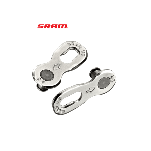 Två silverfärgade Sram PowerLock kedjelås, avsedda för 11-växlade cyklar, visas mot en ren, vit bakgrund. Detaljerade markeringar och symboler syns tydligt under stark belysning.
