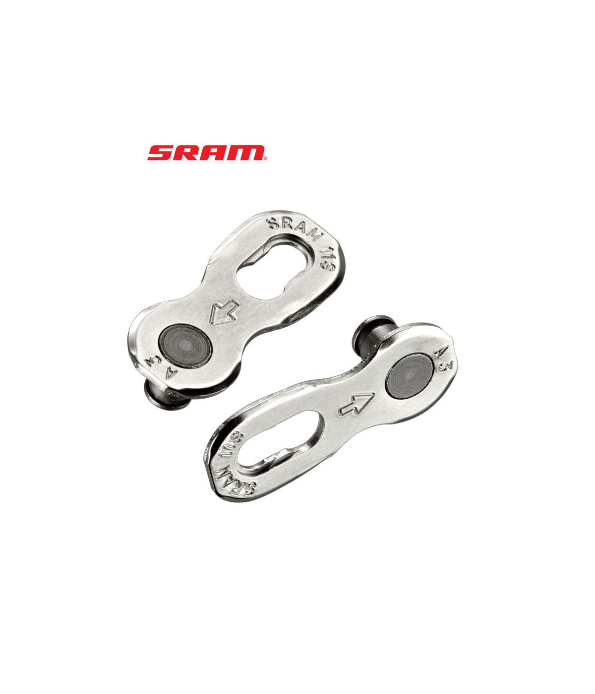 kedjelas-sram-powerlock-11-vxl.png Två silverfärgade Sram PowerLock kedjelås, avsedda för 11-växlade cyklar, visas mot en ren, vit bakgrund. Detaljerade markeringar och symboler syns tydligt under stark belysning.