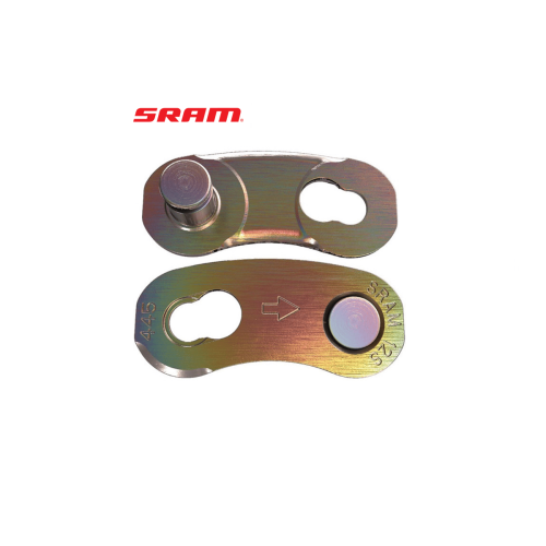 Närbild av ett SRAM PowerLock Eagle Flattop 12-växlat kedjelås. Den gyllene färgen framhävs av starkt ljus