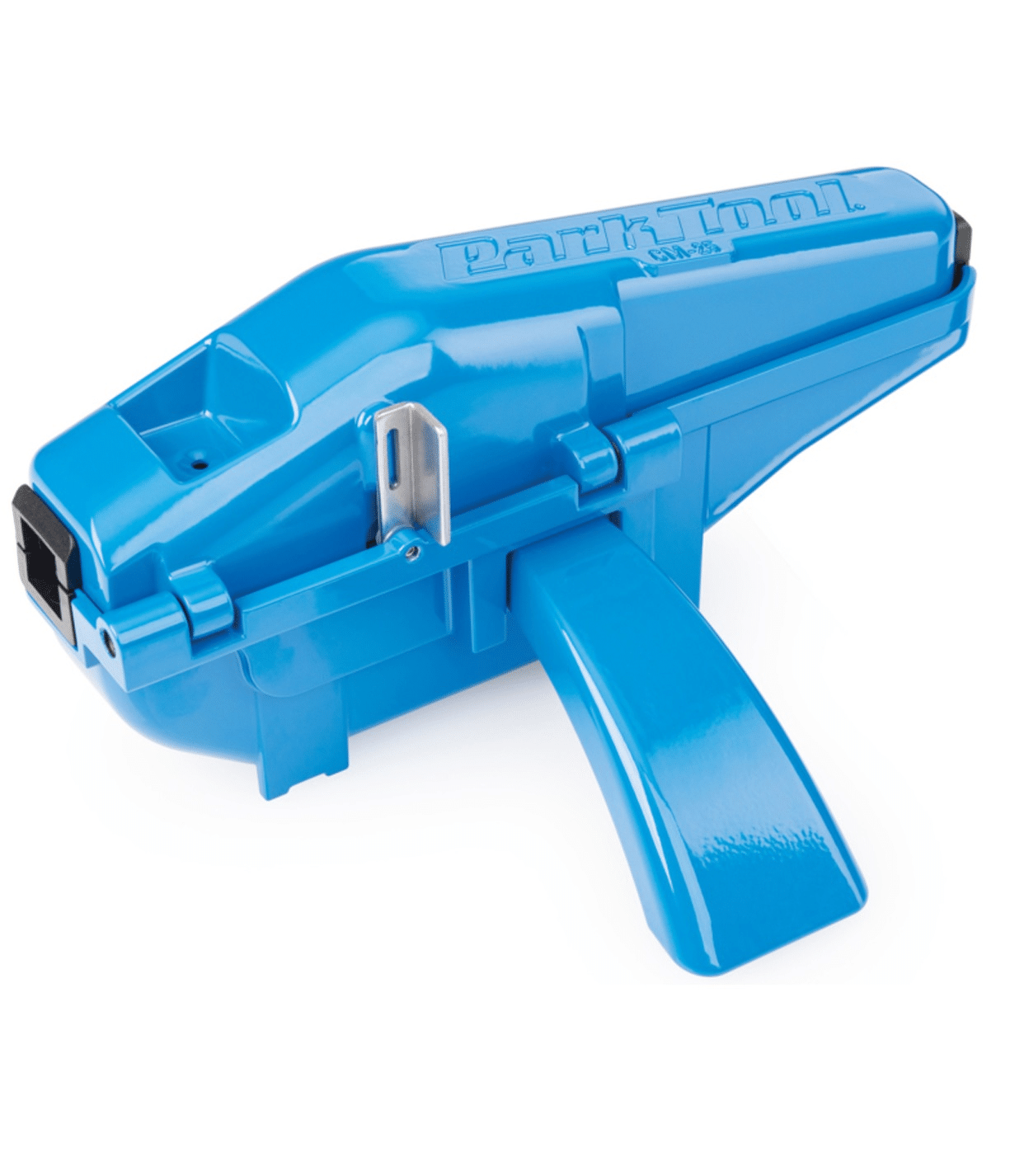 kedjetvatt.png Närbild av en blå Park Tool CM-25 kedjetvätt. Stark belysning framhäver produktens glansiga yta och detaljer som texten "Park Tool" och kedjemekanismen.