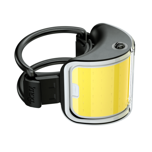 Framlampa Knog Lil' Cobber 110 lumen är en kompakt, böjd LED-cykelbelysning med gul frontpanel, svart hölje, enkel toppknapp och justerbar svart silikonrem med "Knog"-logotypen.