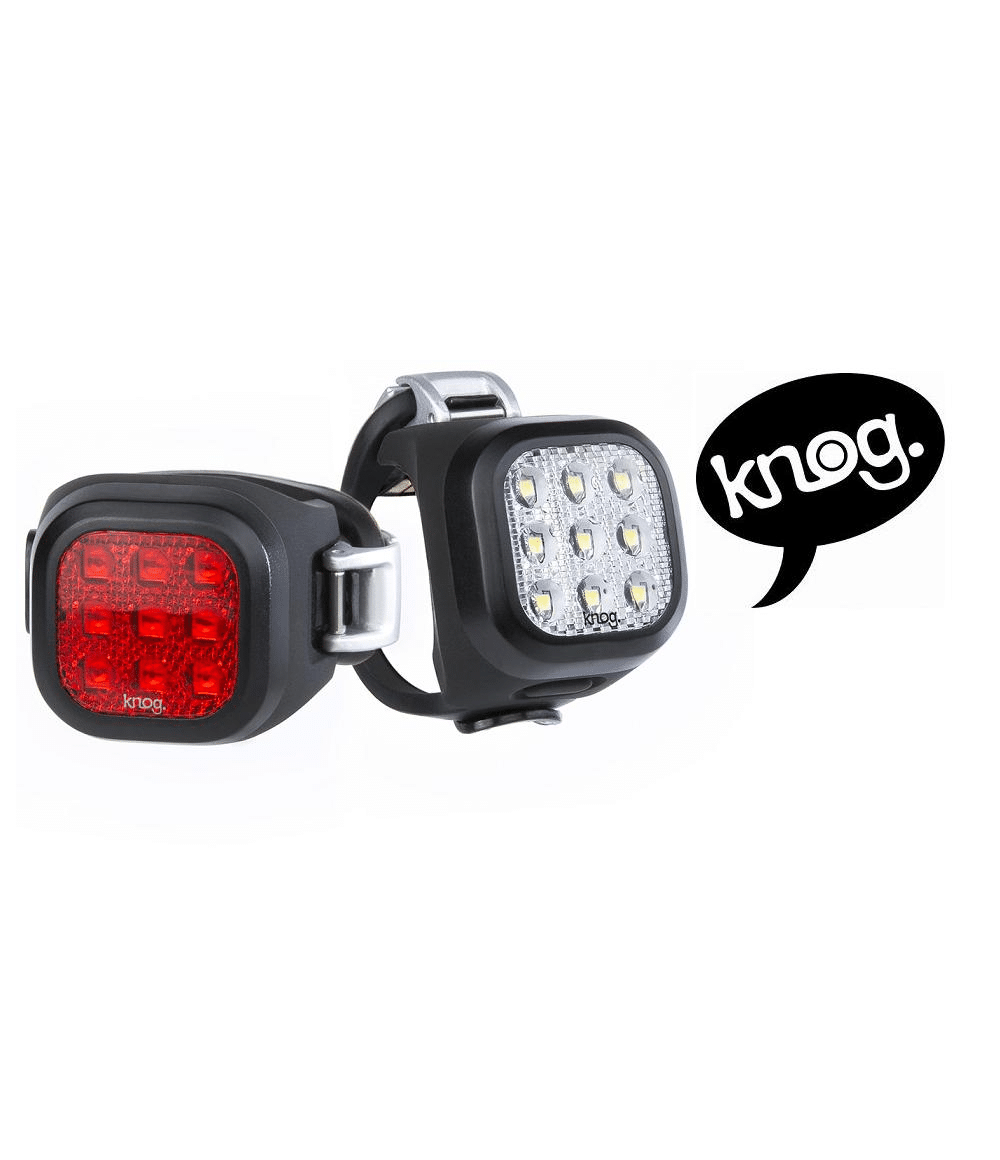knog.mini_.niner_.par_.png Närbild av Knog Blinder Mini Niner Twinpack fram- och baklampa. Lamporna är i svart med rött respektive vitt ljus. Logotypen "knog." syns i pratbubbla.