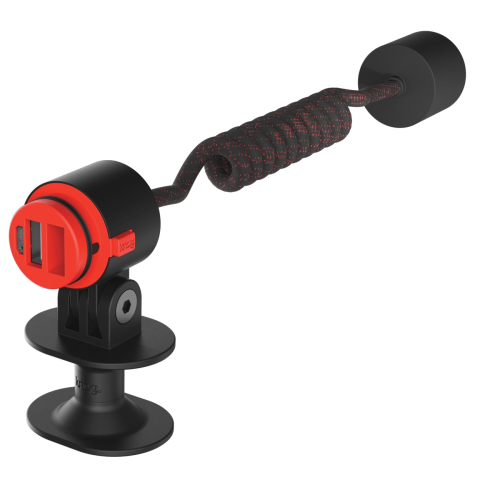Knog PWR hjälmfäste med förlängningskabel svart har en flexibel, flätad kabel med en svart monteringsbas och sugkopp för säker fastsättning.