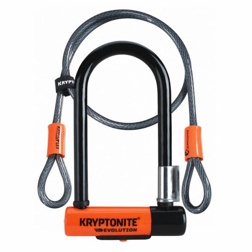 Kryptonite Evolution mini 7 bygellås med flex kabel, som visas i svart och orange, innehåller ett U-lås och en upprullad flexkabel i stål med öglor i ändarna för säkert skydd av cykeln.