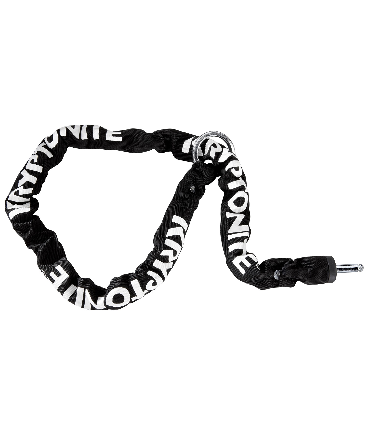 krypto-Pluging-Chain-Lock En svart Kryptonite plug-in-kedja med vita bokstäver som stavar varumärket. Kedjan är delvis formad som en ögla och låset är synligt i änden. Bakgrunden är ljus och jämnt belyst.