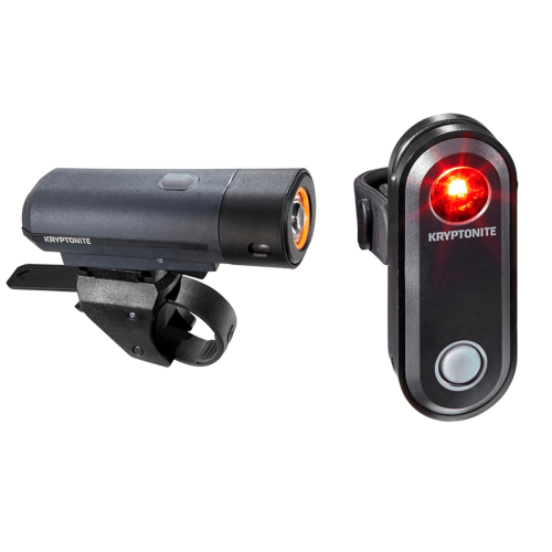 Lampset Kryptonite Alley F-300 och Avenue R-30 innehåller en svart Kryptonite-frontstrålkastare med monteringsfäste och en svart baklykta som avger rött ljus, båda märkta av Kryptonite.