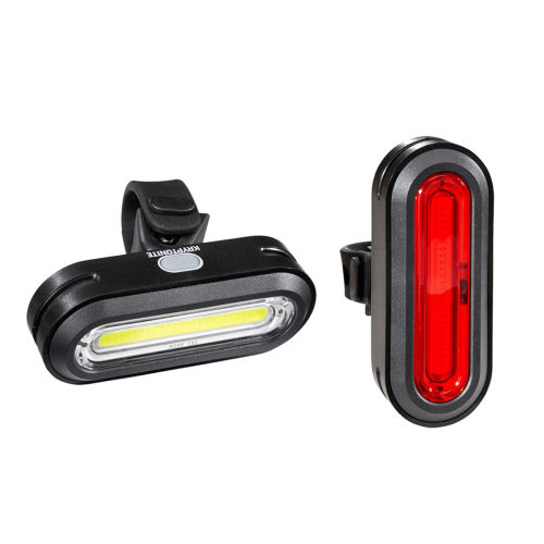 Kryptonite Avenue F-100 och Avenue R-50 Cob lampset består av två ovala svarta cykellampor - en vit framlampa och en röd baklampa - var och en med monteringsfästen, som visas upprätt och i sidled.