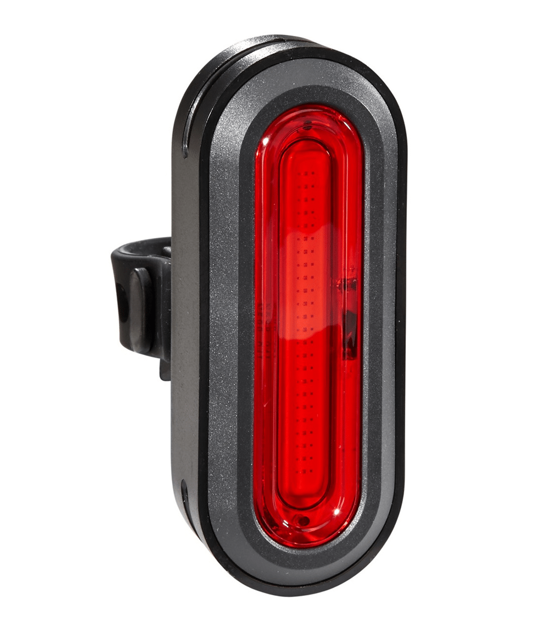 kryptonite.avenue.r50.png Baklampa Kryptonite Avenue R-50 Cob är en svart och silverfärgad rektangulär baklykta för cykel med en röd upplyst mitt, monterad på en svart justerbar rem.