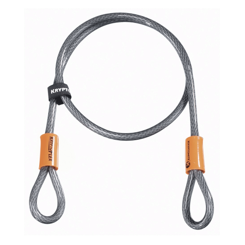 Låskabel Kryptonite Looped Cable Kryptoflex 410 10 x 1200 mm är en upprullad stålkabel med två loopade ändar i orange plasthylsor och en svart "Kryptonite"-tagg, mot en vit bakgrund.