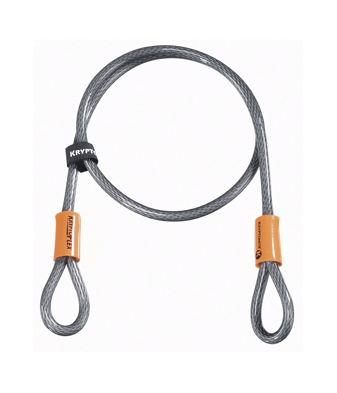 kryptonite.looped.cable_.kryptoflex.png Låskabel Kryptonite Looped Cable Kryptoflex 410 10 x 1200 mm är en upprullad stålkabel med två loopade ändar i orange plasthylsor och en svart "Kryptonite"-tagg, mot en vit bakgrund.