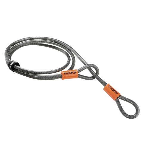 Låskabel Kryptonite Looped Cable Kryptoflex 710 10 x 2200 mm är en upprullad säkerhetskabel i stål med förstärkta loopade ändar och orange "Kryptoflex"-hylsor, perfekt för att låsa och säkra dina tillhörigheter.