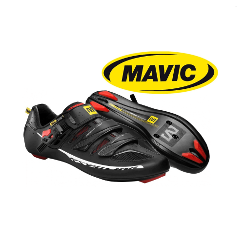 Ett par Mavic Ksyrium Elite Racer-cykelsko i svart visas bredvid en stor gul och svart Mavic-logotyp