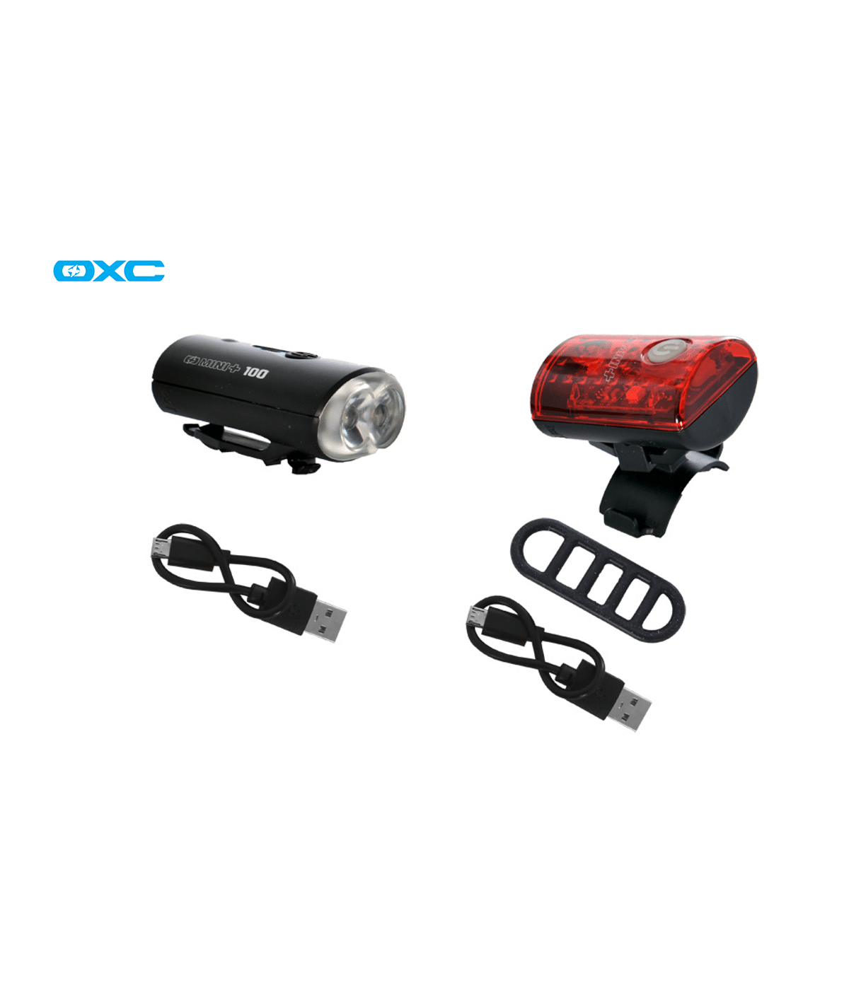 lampset-oxc-mini.png Lampset OXC Mini+ är ett svart cykelljusset med en vit framlampa, en röd baklampa, två USB-laddningskablar och en svart monteringsrem, allt mot en vit bakgrund.