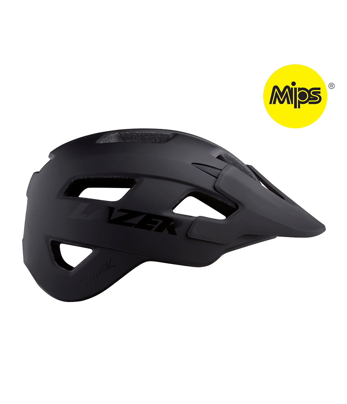 lazer-chiru-mips.png Hjälm Lazer Chiru Mips, Mattsvart visas i sidoprofil med vinklade ventilationsöppningar och visir. Den gula logotypen för MIPS säkerhetsteknik syns i det övre högra hörnet.
