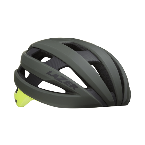 En mattgrön Lazer Sphere Mips cykelhjälm med svarta ventilationshål och en liten gul accent baktill, fotograferad från sidan mot en vit bakgrund.
