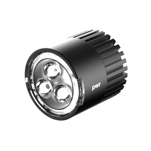 Lighthead Knog PWR 1000 Lumen är en cylindrisk svart LED-cykellampa med en räfflad kropp för värmeavledning, tre synliga lysdioder och "pwr" tryckt på sidan, mot en vit bakgrund.