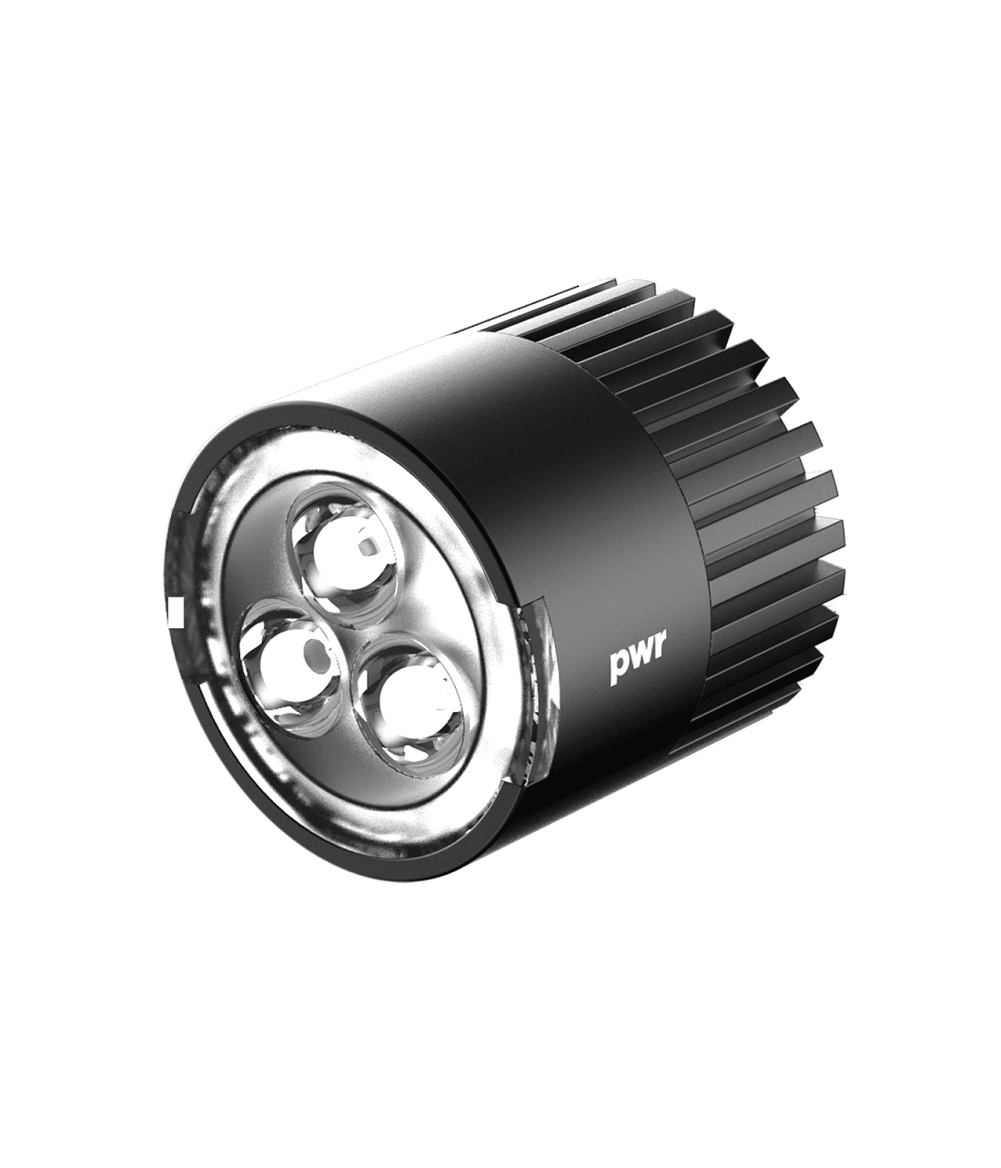 lighthead-knog-pwr-1000-lumen.png Lighthead Knog PWR 1000 Lumen är en cylindrisk svart LED-cykellampa med en räfflad kropp för värmeavledning, tre synliga lysdioder och "pwr" tryckt på sidan, mot en vit bakgrund.