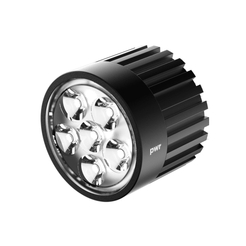 Knog PWR 2000 Lumen Lighthead är en svart cylindrisk LED-lampa med sex lampor i en cirkulär layout, ett räfflat ytterhölje och "pwr" markerat på sidan.