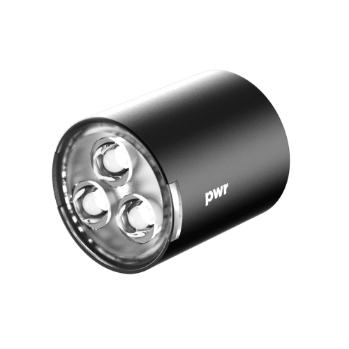 Lighthead Knog PWR 600 Lumen är en svart cylindrisk LED-cykellampa med tre frontlampor och "pwr" tryckt på sidan.