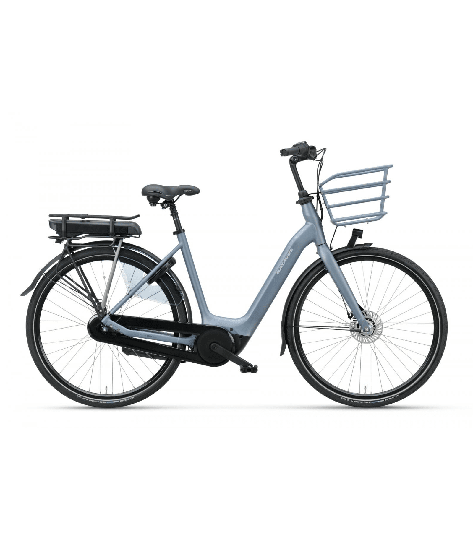 luca-lx.png En modern, genomgående elcykel med korg fram, pakethållare bak och batteripaket monterat ovanför bakhjulet, visad i profil mot en vit bakgrund.