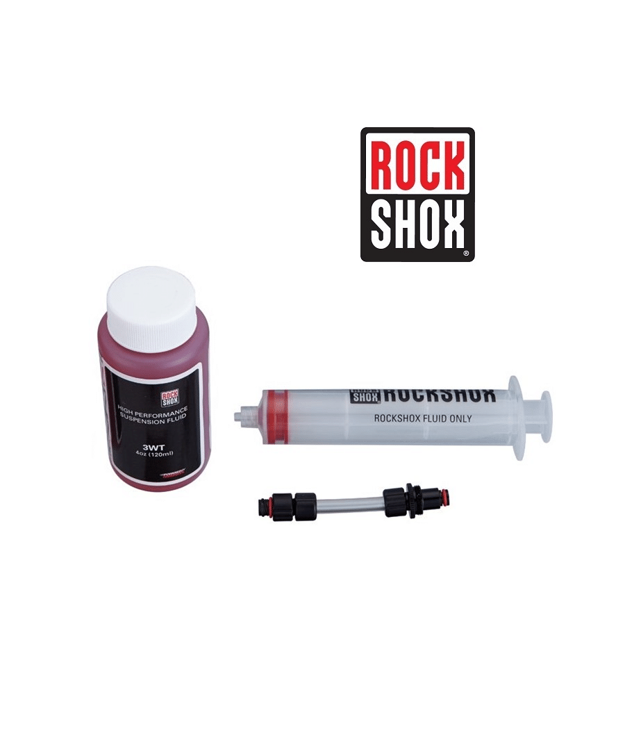 luftningskit-rockshox-charger.png Produktbild för RockShox Charger luftningskit. En flaska röd hydraulolja, en genomskinlig spruta med RockShox-logga och en adapter visas i skarpt ljus mot en vit bakgrund.