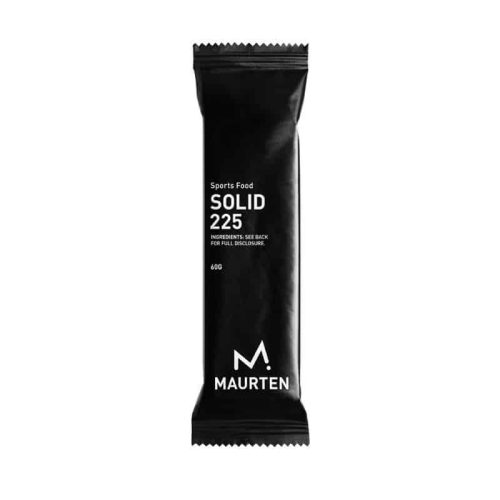 En svart rektangulär förpackning märkt "Energibar Maurten SOLID 225 Bar" har varumärket "MAURTEN", visar "60 g" och instruerar att man ska kontrollera baksidan för att se hela ingrediensförteckningen.