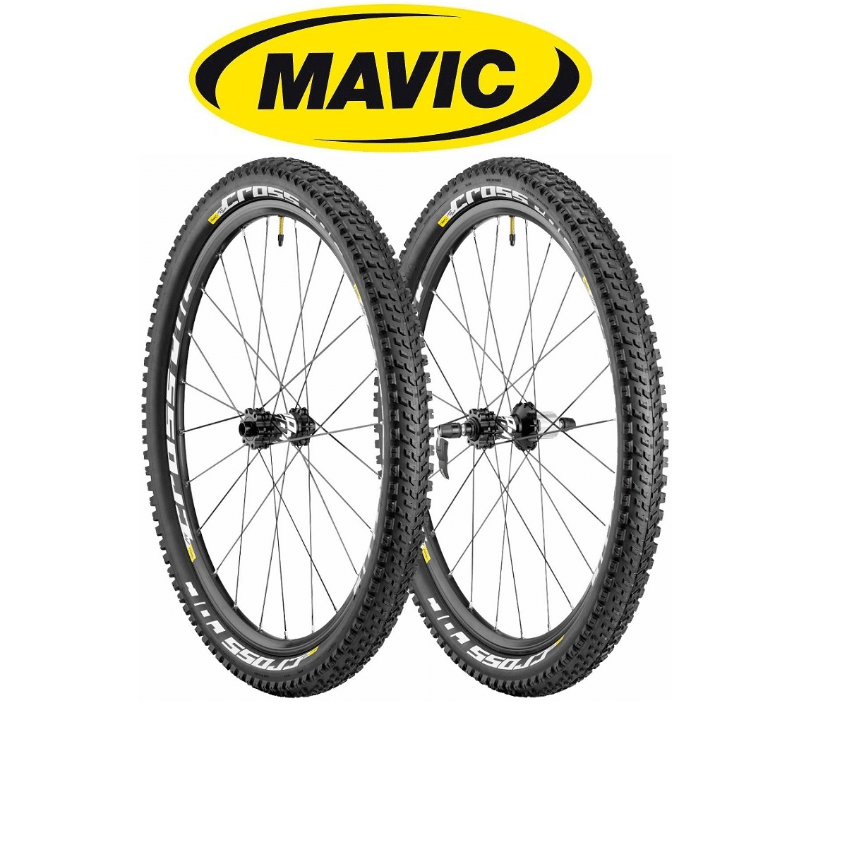 mavic-crossroc-disc.png Två Mavic Crossroc Disc 27,5 tums hjul, kompletta med däck, visas mot en ren vit bakgrund. Mavic-logotypen i gult syns ovanför hjulen.