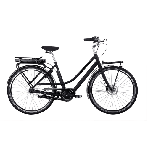 El-cykel Monark E-nytan 7s 28" - Svart har en genomgående ram, upprätt styre, främre och bakre pakethållare, skärmar och ett kedjeskydd, visad i sidoprofil mot en vit bakgrund.