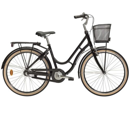 En svart Monark Karin JR 3s 26" step-through citycykel med beige däck, pakethållare, fram- och bakskärmar, kedjeskydd och en svart trådkorg på styret.
