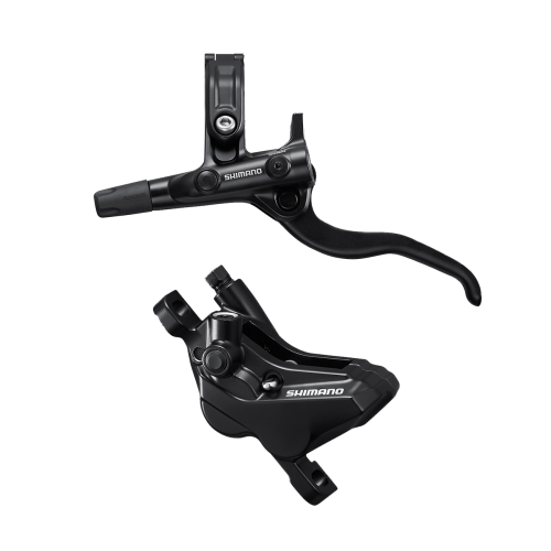 Detaljerad bild av ett svart Shimano BL-MT420 skivbromsset för fram och bak. Komponenterna visas mot en vit bakgrund med jämn och studioliknande belysning.