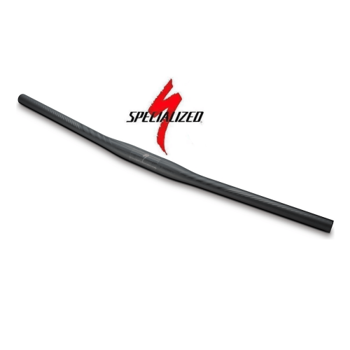 Specialized S-Works Prowess Carbon XC flatbar MTB-styre visas i detalj, med mörka kolfibermönster framträdande i studioljus. Specialized-logotypen syns tydligt ovanför styret.