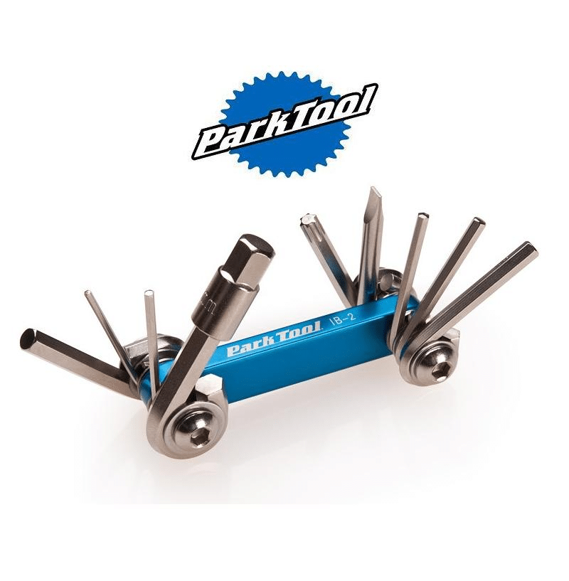 multiverktyg-park-tool.png Närbild av ett Park Tool IB-2 multiverktyg med 10 funktioner. Verktyget har en blå kropp och silverfärgade verktyg, med Park Tool-logotypen i bakgrunden. Belysningen är jämn och detaljrik.