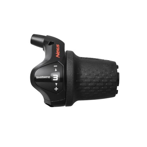Ett detaljerat foto av ett Shimano Nexus Revo grip växelreglage för cyklar, inställt på växel 3, med tydlig text och ikoner mot en isolerad vit bakgrund. Belysningen är jämn och framhäver produktens textur.