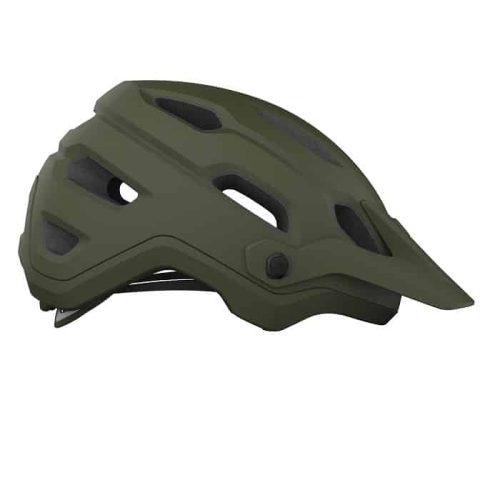 Matt olivgrön Giro Source Mips MTB-hjälm i profil, detaljrik med ventilation och justerbart visir. Professionell produktfotografering med jämn belysning framhäver design och funktion.