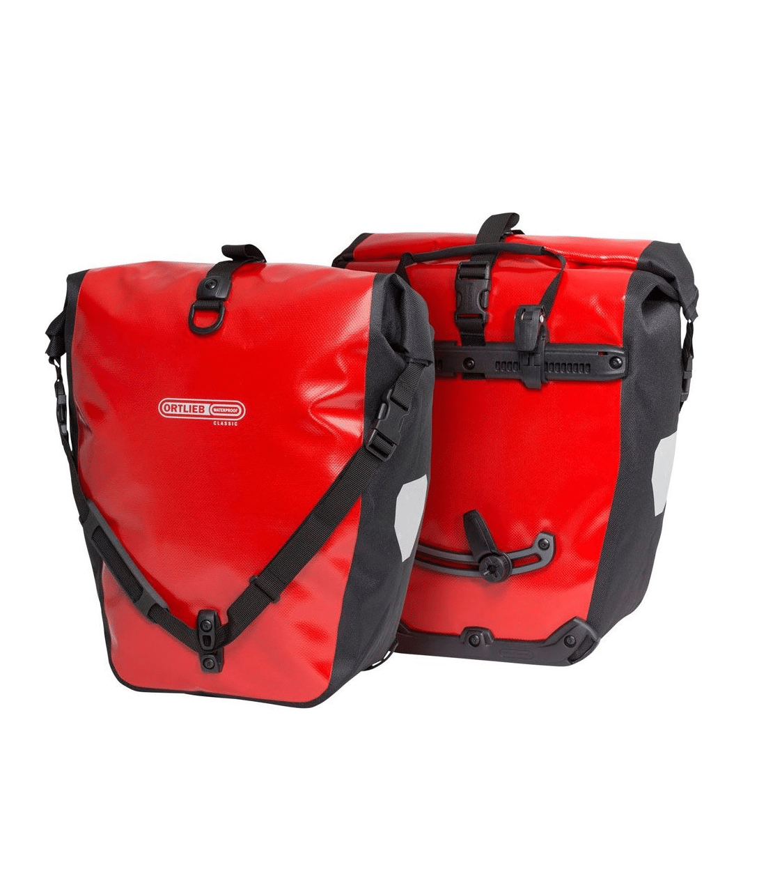 ortlieb.backroller.classic.-rod.png Två Packväskor Ortlieb Back-roller packväskor (2x20 L, röd/svart) visas - en framifrån och en som visar fästsystemet. Båda har reflexer och svarta fästanordningar.