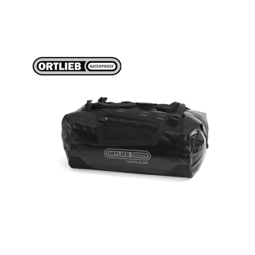En svart Ortlieb Duffle 40 liters väska med handtag och dragkedja visas på en vit bakgrund, med Ortlieb Waterproof-logotypen ovanför.