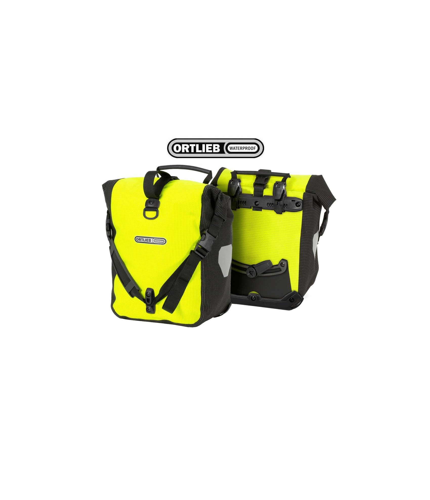 ortlieb.frontroller.gul_.png Bilden visar två Packväska Ortlieb Front-roller Hi-vis packväskor (2x12,5L) i ljusgult och svart, den ena med det främre och den andra med det bakre monteringssystemet, med Ortliebs logotyp ovanför dem.