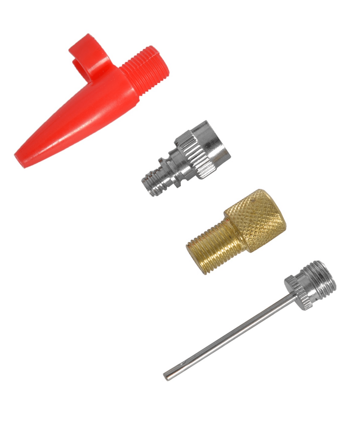 oxc.adapter.kit_.png Detaljerad bild av ett Pumpdapterkit OXC med röd konisk adapter, silver- och guldfärgade munstycken samt en nåladapter. Skarp skärpa och neutral belysning framhäver produktens detaljer.