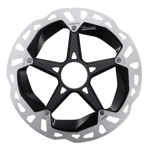 Detaljerad bild av en Shimano XTR/Dura Ace RT-MT900 bromsskiva. Skivan har en silverfärgad yttre ring och ett svart centrum med en stjärndesign. Den presenterar varumärkesmärkningen och produktmodellbeteckningen i tydliga detaljer.
